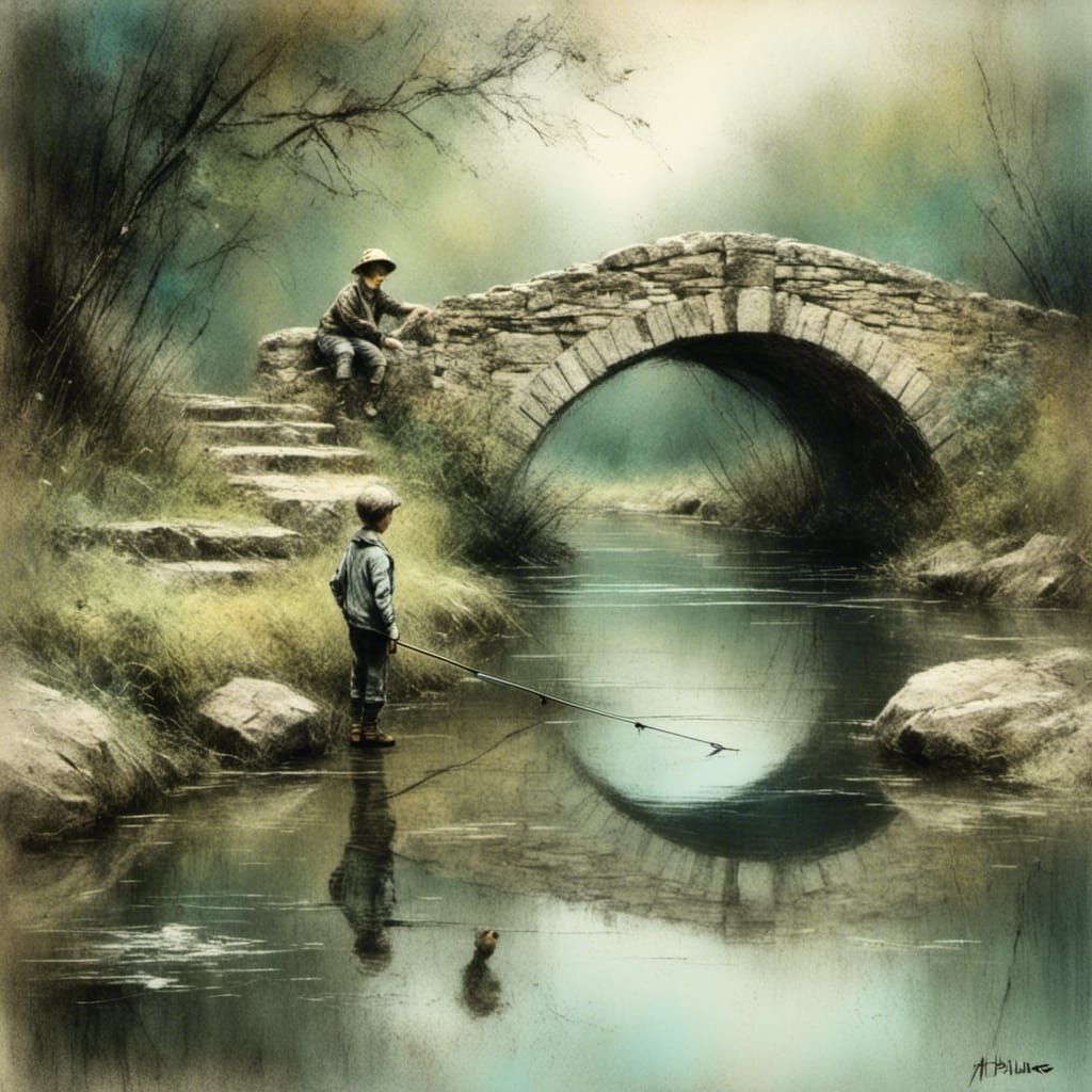 small boy fishing from an old stone bridge 1920s costume  pastel sketch  a bit grungy <lora:Distressed Mind:1.0> <lora:Charstel:1.0> 