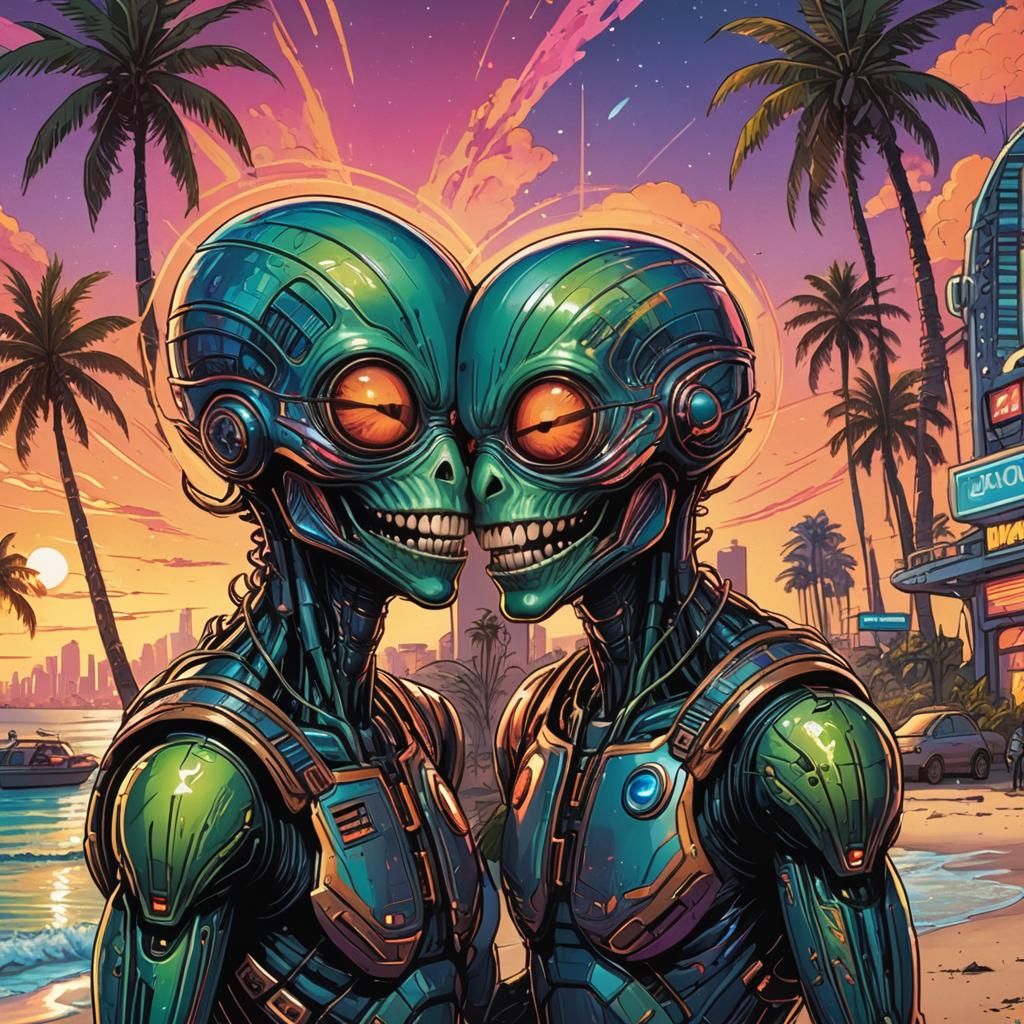 Smiling Aliens Embrace on Futuristic Beach in Comic Art