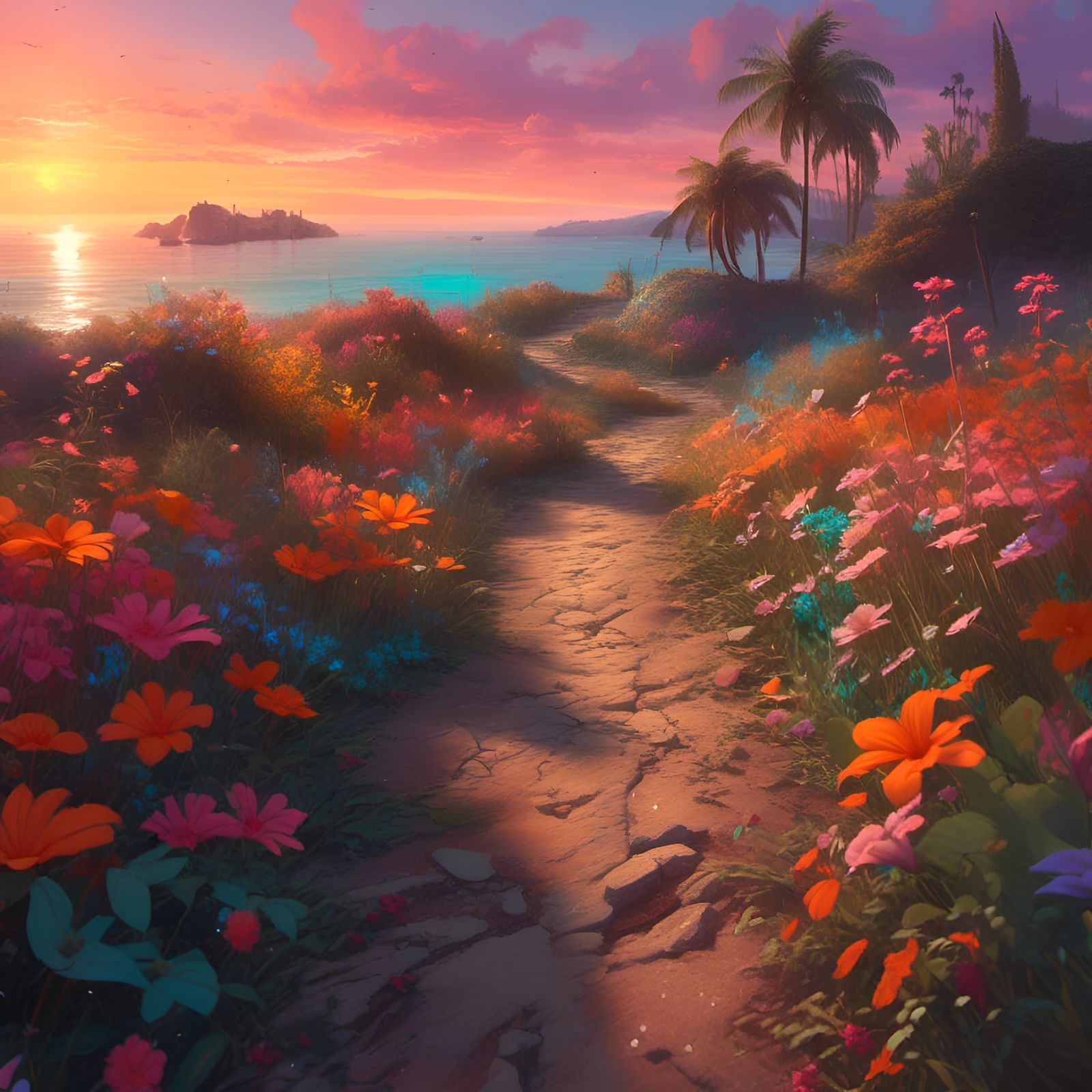 Colorful flowers surrounding a dirt road sunset 