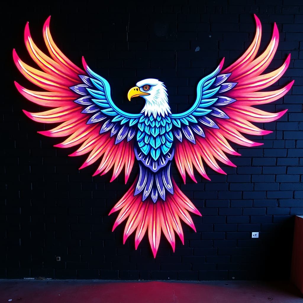 an eagle in the style of Dia De Los Muertos, blacklight mural on black painted brick wall, rich colours, 2024.heic, high contrast glow