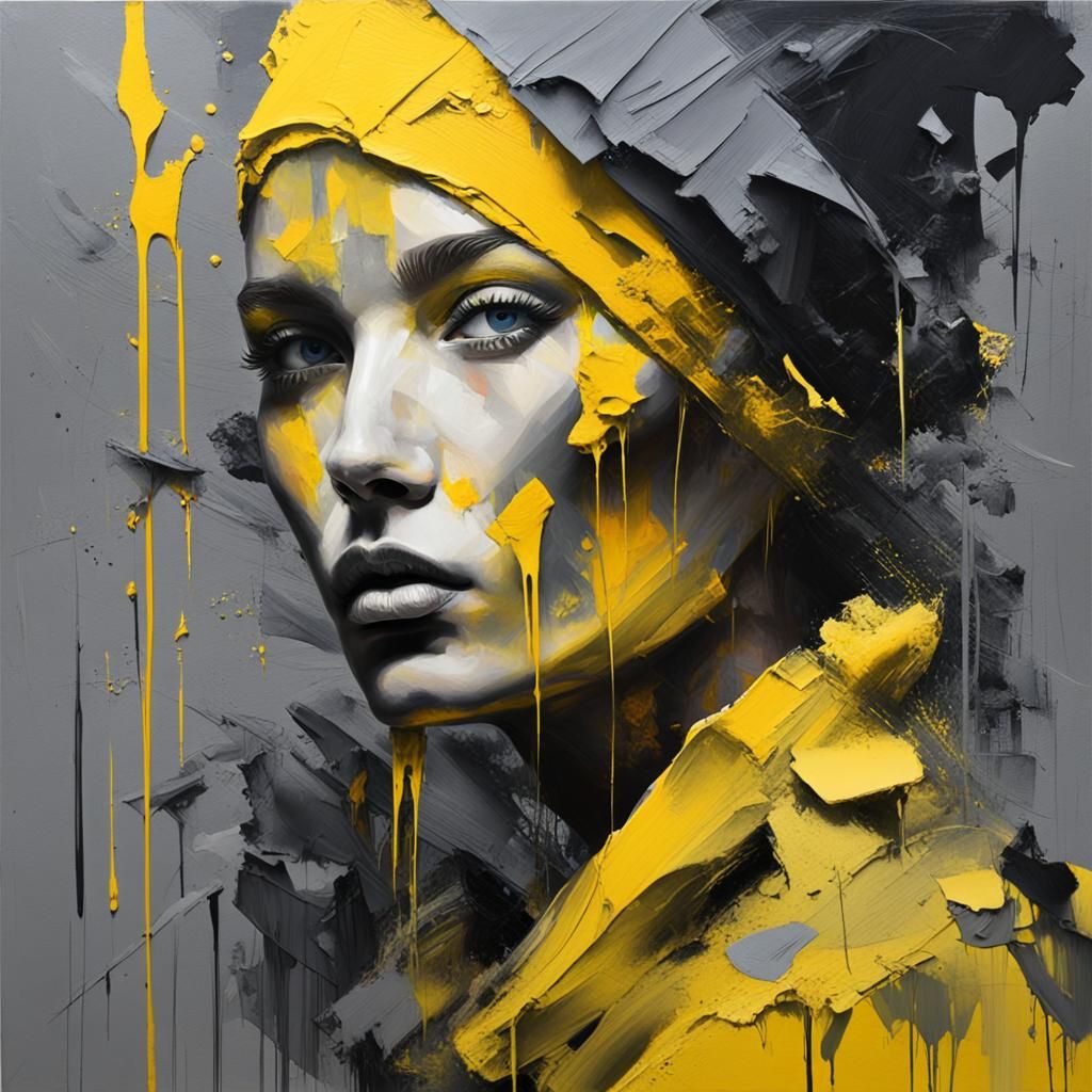 The overall piece features a vibrant mix of gray, yellow, an...