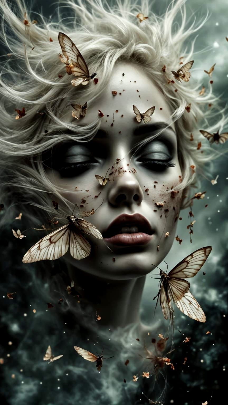 Gothic Horror Moth Portrait on Pale Woman