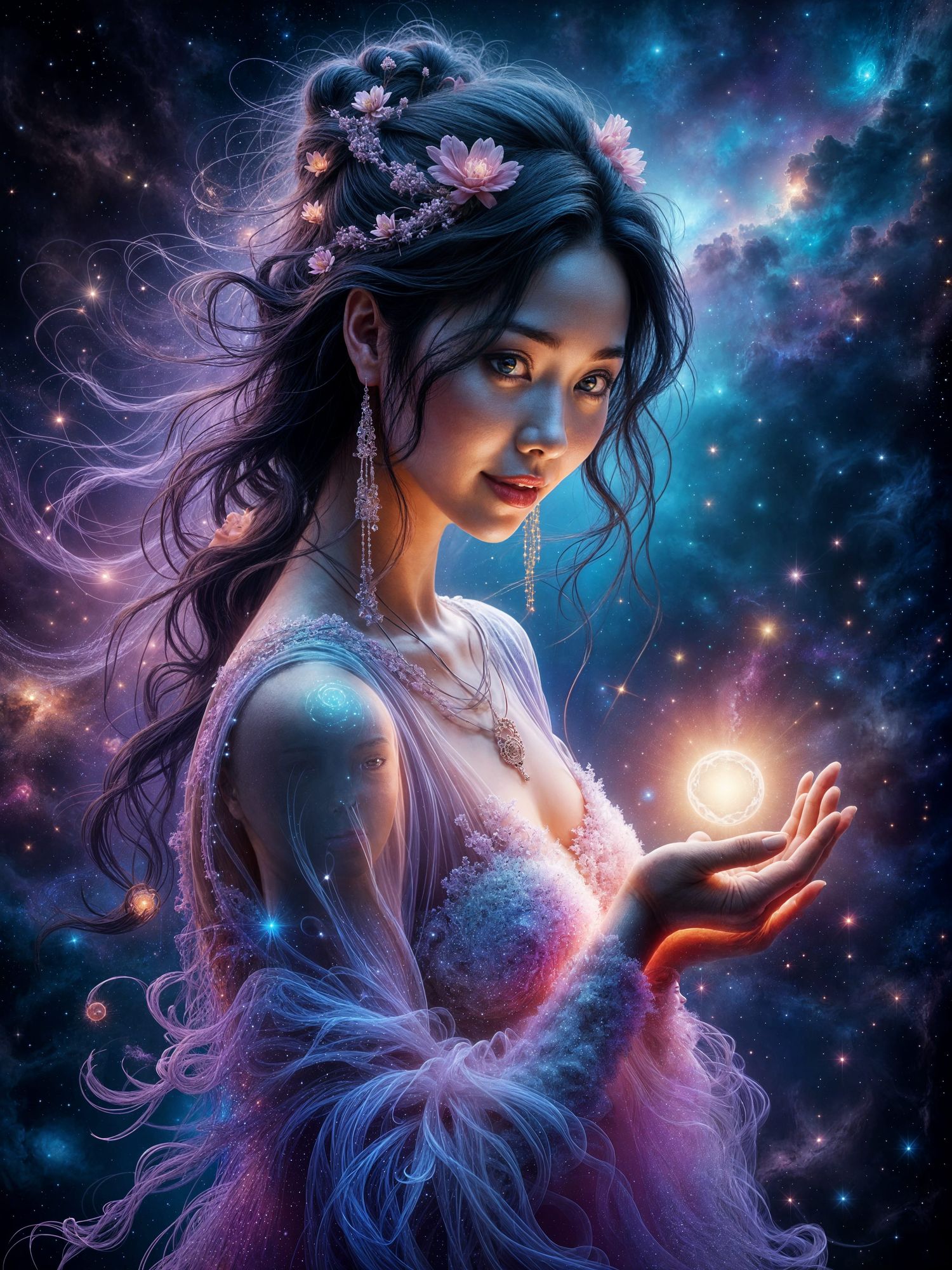 A Hmong maternal figure, her form composed of flowing streams of luminous binary code, cradles a small, glowing orb of pure data. Looking st... - Start Image 1