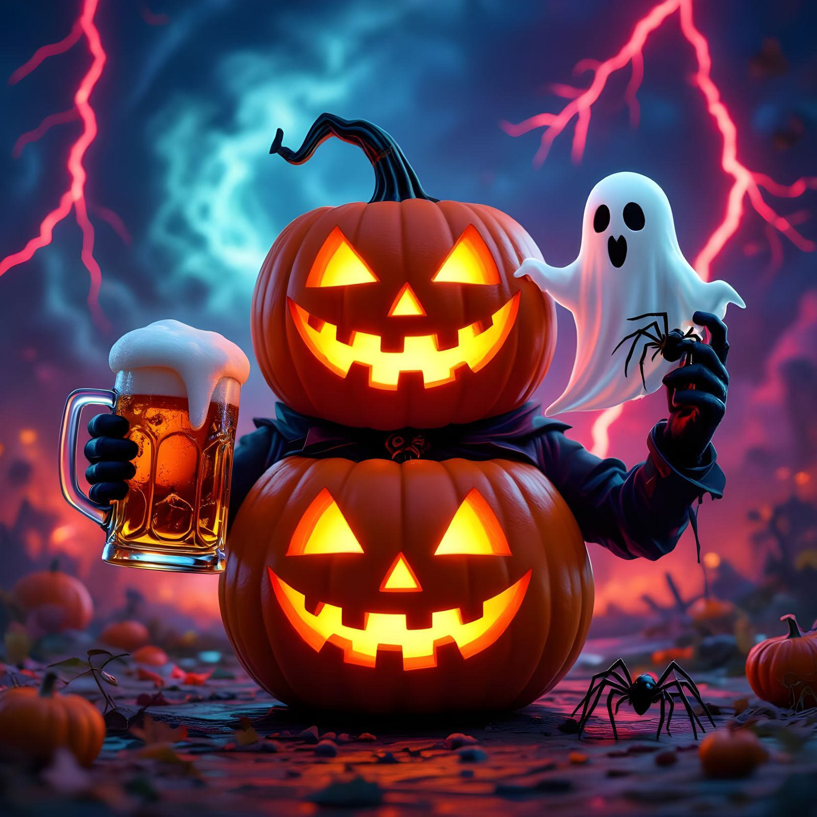 Halloween Party with Ghouls and Pumpkins