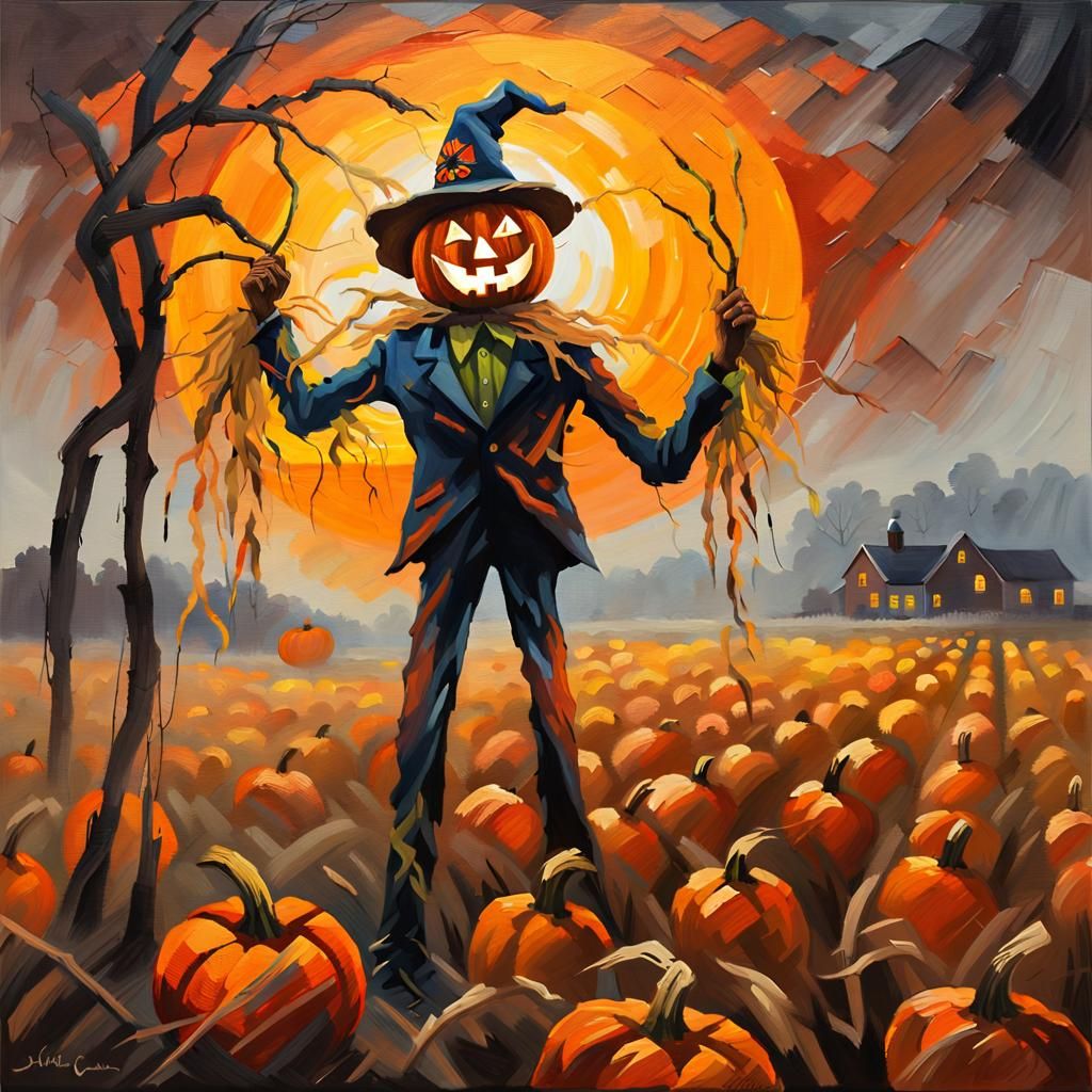 "A Terrifying jack-o-lantern scarecrow, with a 
 glowing fac...