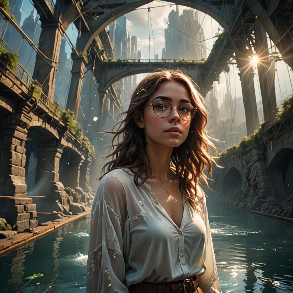 Crear una imagen de una chica hermosa sentada sobre un puente colgante la chica usa lentes cabello hermoso y un paisaje bello 