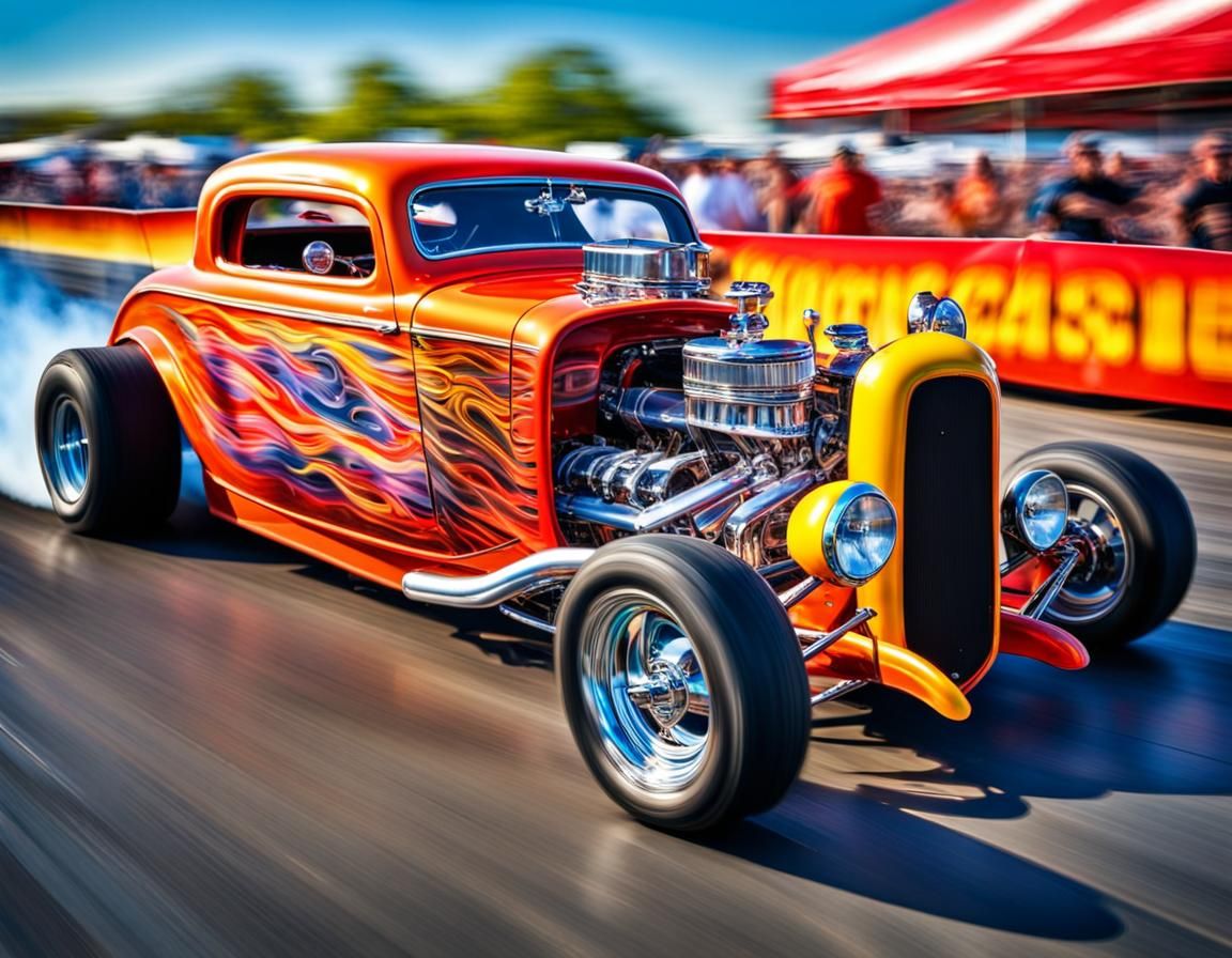 Drag racing, retro American hotrod, intricate body paint, racing, motion blur, vivid, colorful, bright ...  by @Sparky _Si