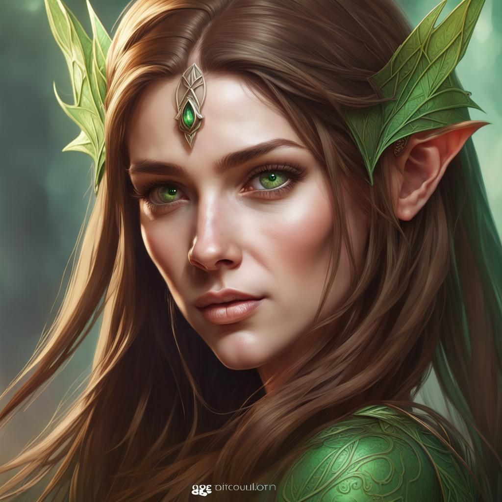 Woman. brown straight hair. green eyes. elven ears - AI Generated Artwork -  NightCafe Creator