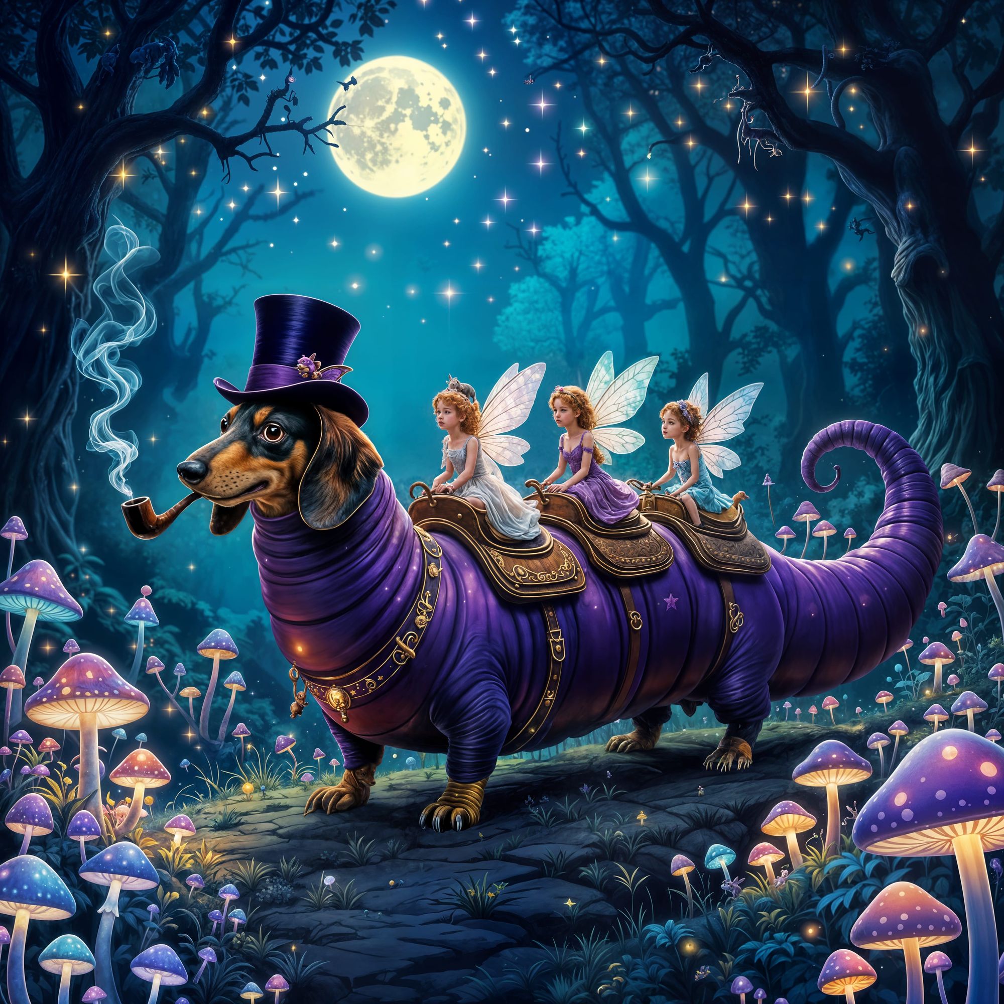 Long purple caterpillar with a dachshund dog head. Has four ridding saddles on its back
Three ethereal looking fairies are ridding the cater...