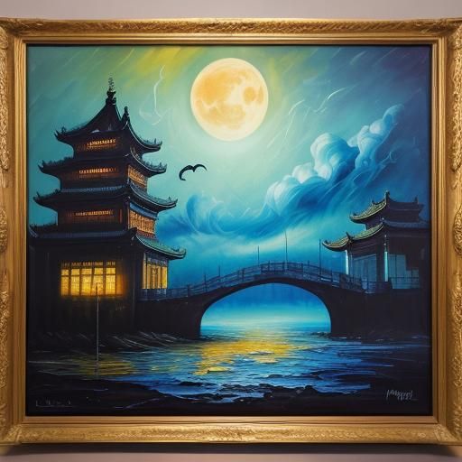 Soaring Chinese Dragon in Night Sky, Surrealist Oil Painting