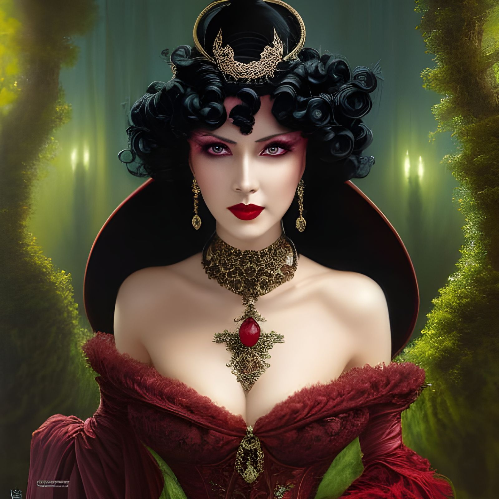 Beautiful Countess, black hair, brocade fantasy gown, detail...