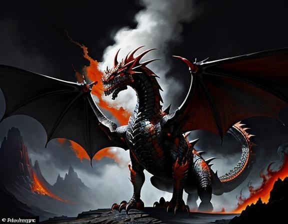 A prestigious dragon with scales of dark, glossy black and f...