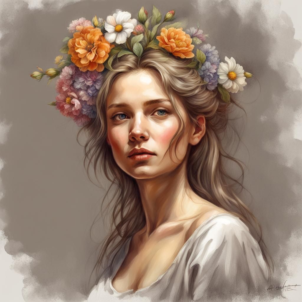 Pencil Sketches of a beautiful woman with flowers on her hai...
