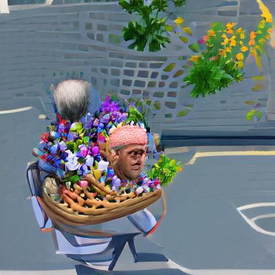 Life is an old man with a basket of flowers on his head