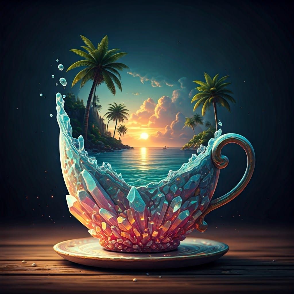 Ethereal Crystal Cup Reveals Vibrant Seaside Scene in Fantas...