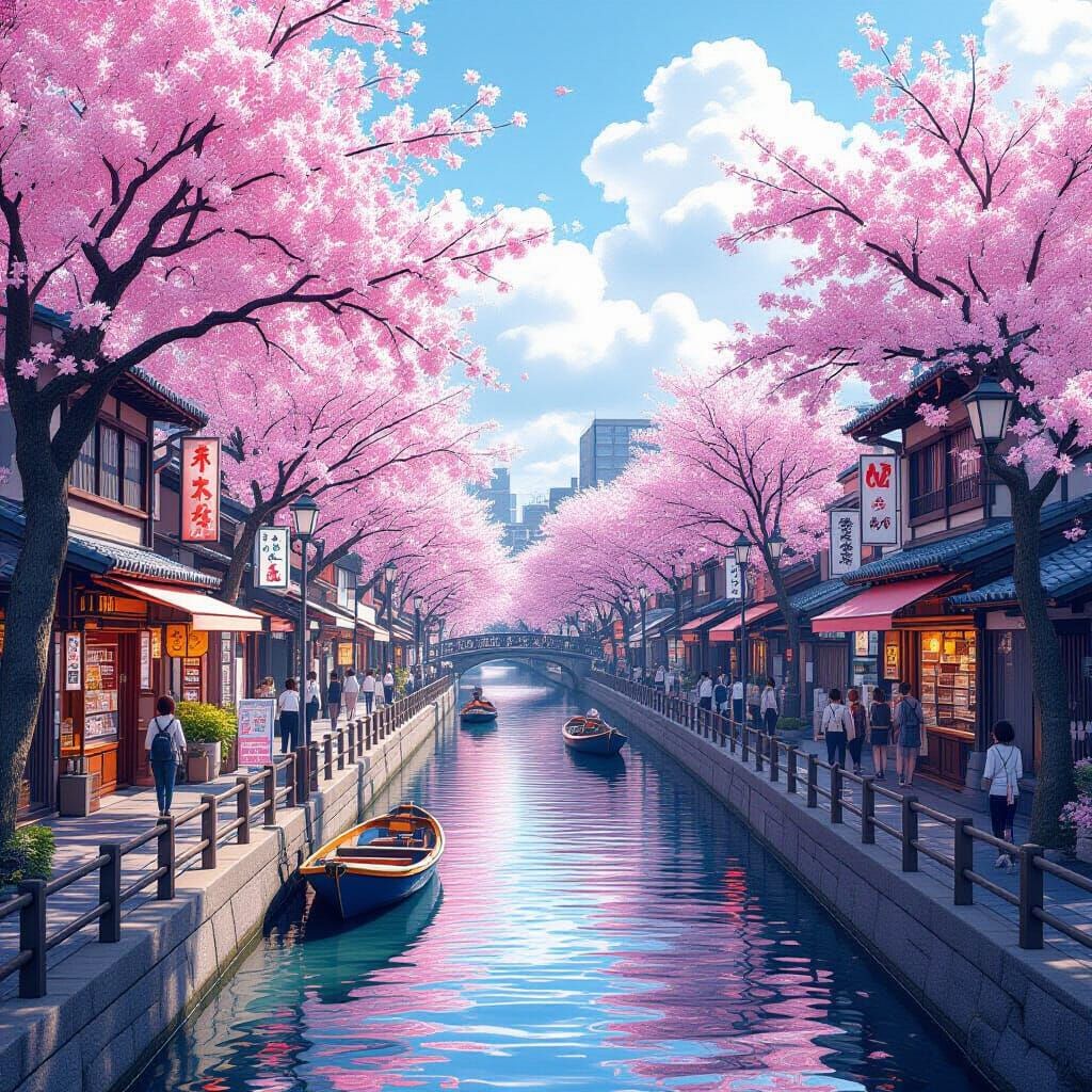 a canal in the old part of Tokyo, narrow streets either side of the canal, lined with Sakura trees full ...  by @ericB
