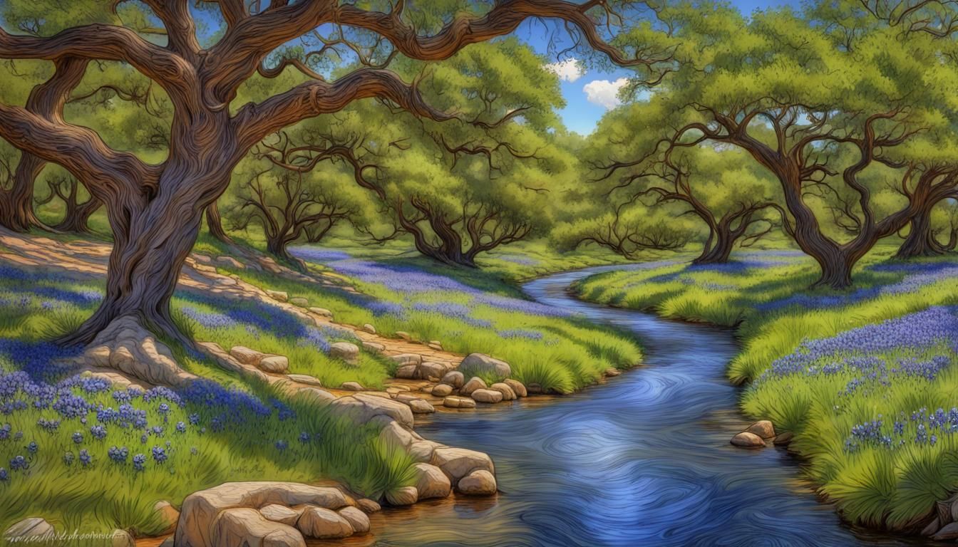 colorful creek running through Texas Hill country with large...