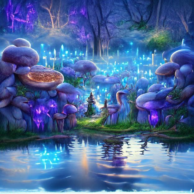 Magical Mushroom Forest by a gentle pond.