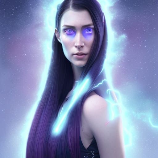She has long dark purple hair pulled back into a ponytail, h...