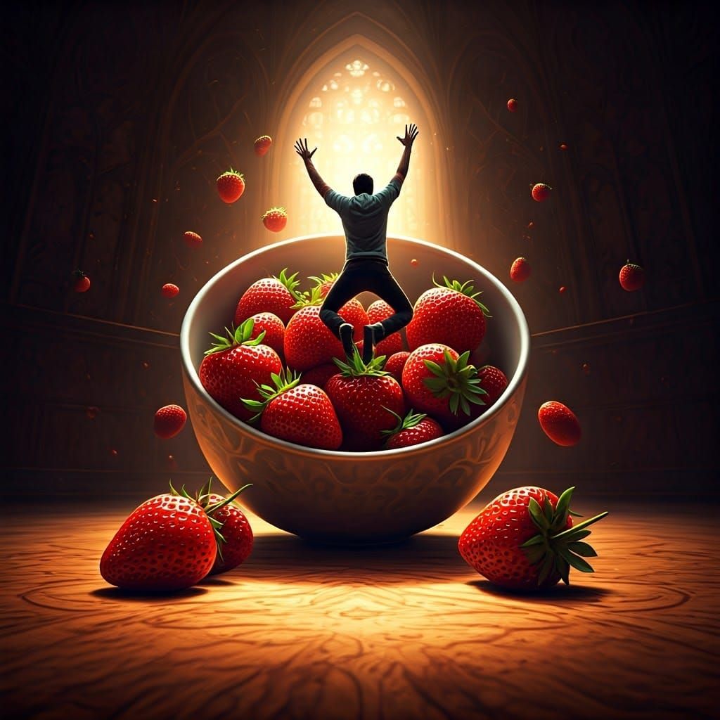 Man Emerges from Strawberry Paradise in Vibrant Fantasy Scen...