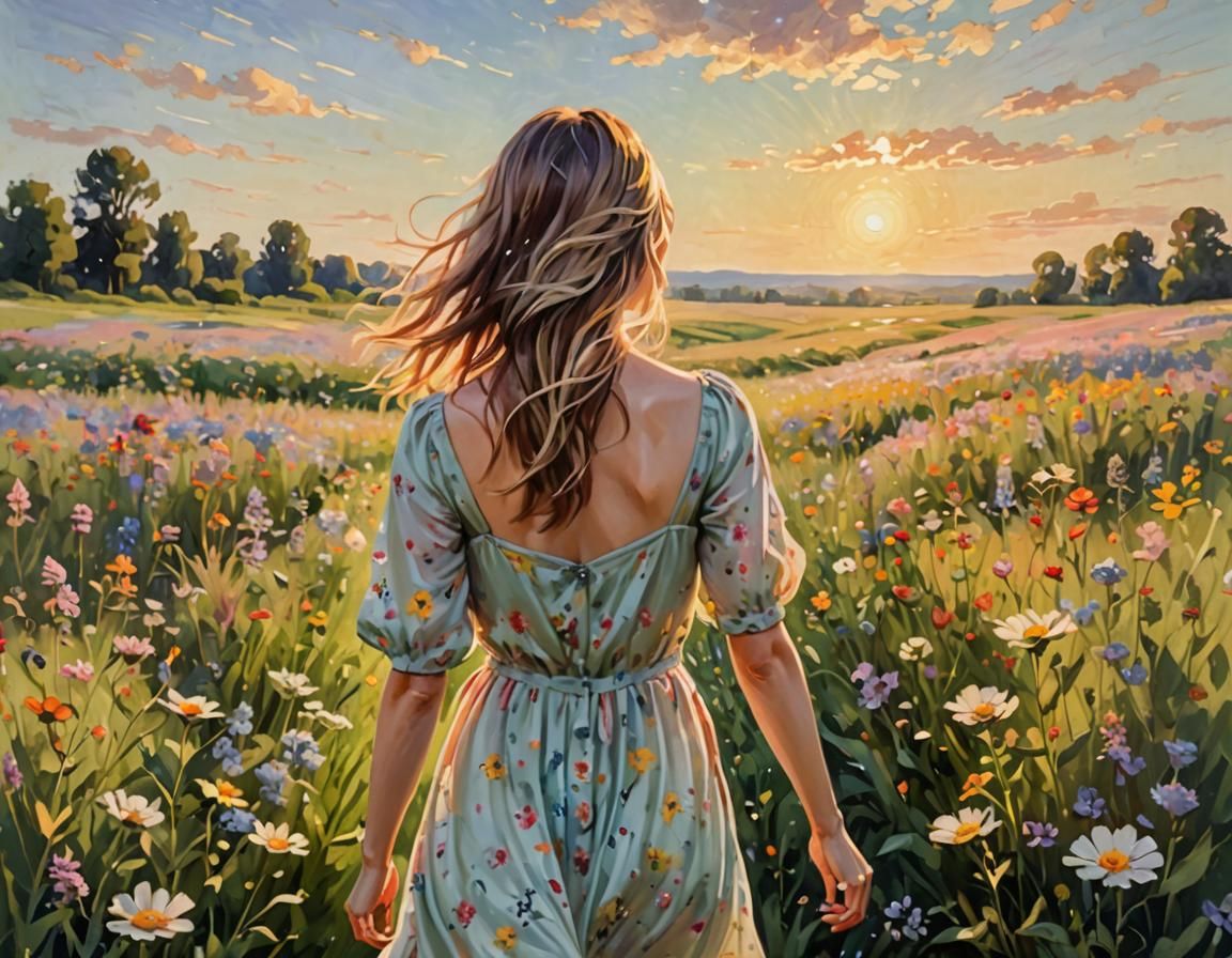 A Happy young girl in flower field, sunrise, view from behind, 