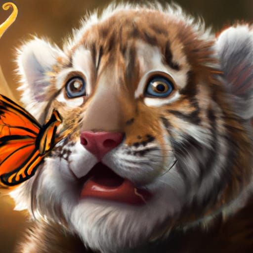 Cute little tiger with a butterfly on his nose