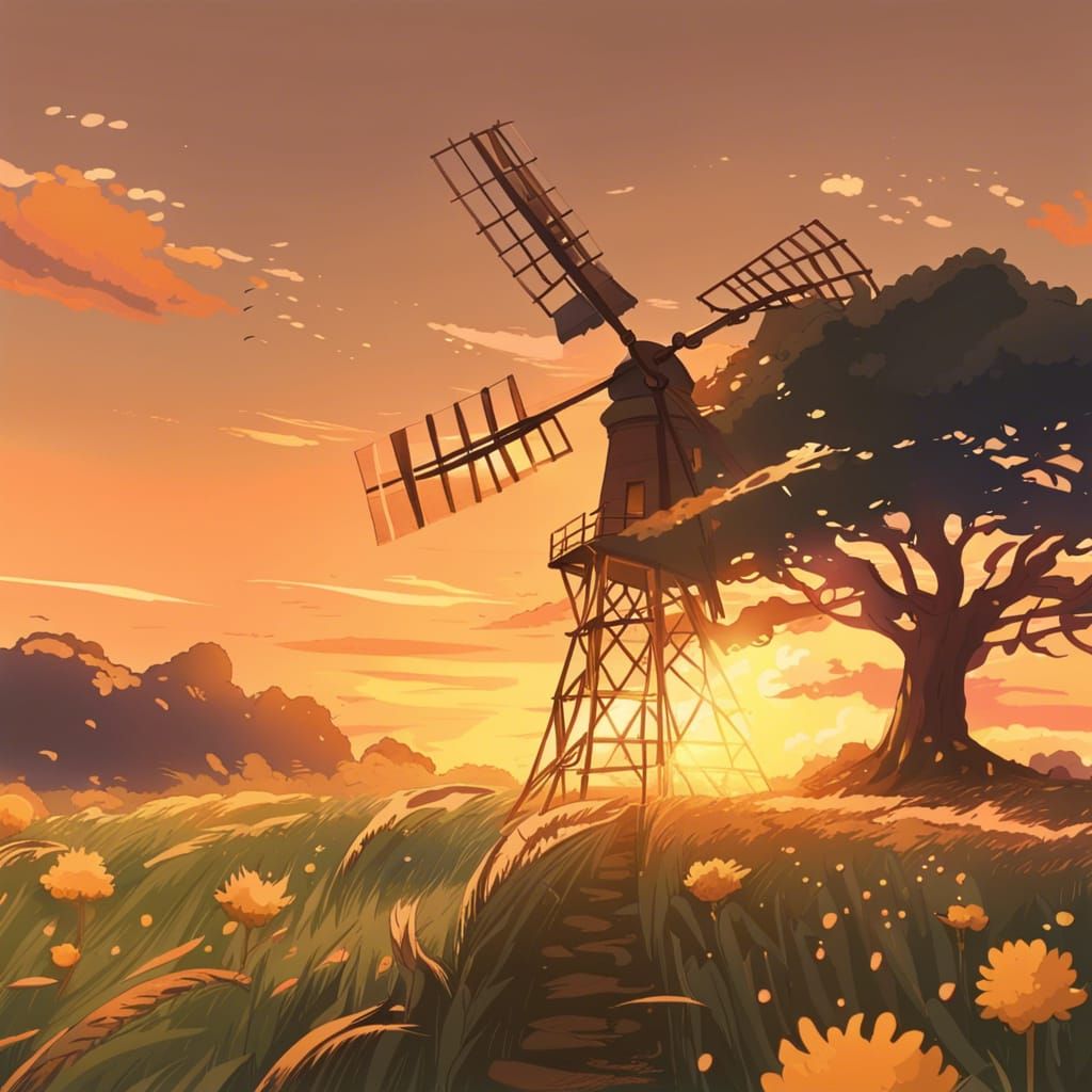 KREA - scenic view of a flower meadow with a windmill, award - winning anime  digital art