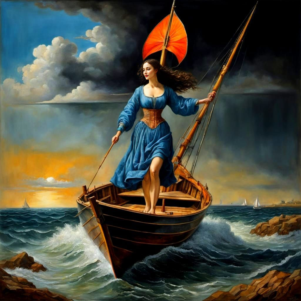 Vibrant Medieval Lady Sails the Horizon in Distressed Manusc...