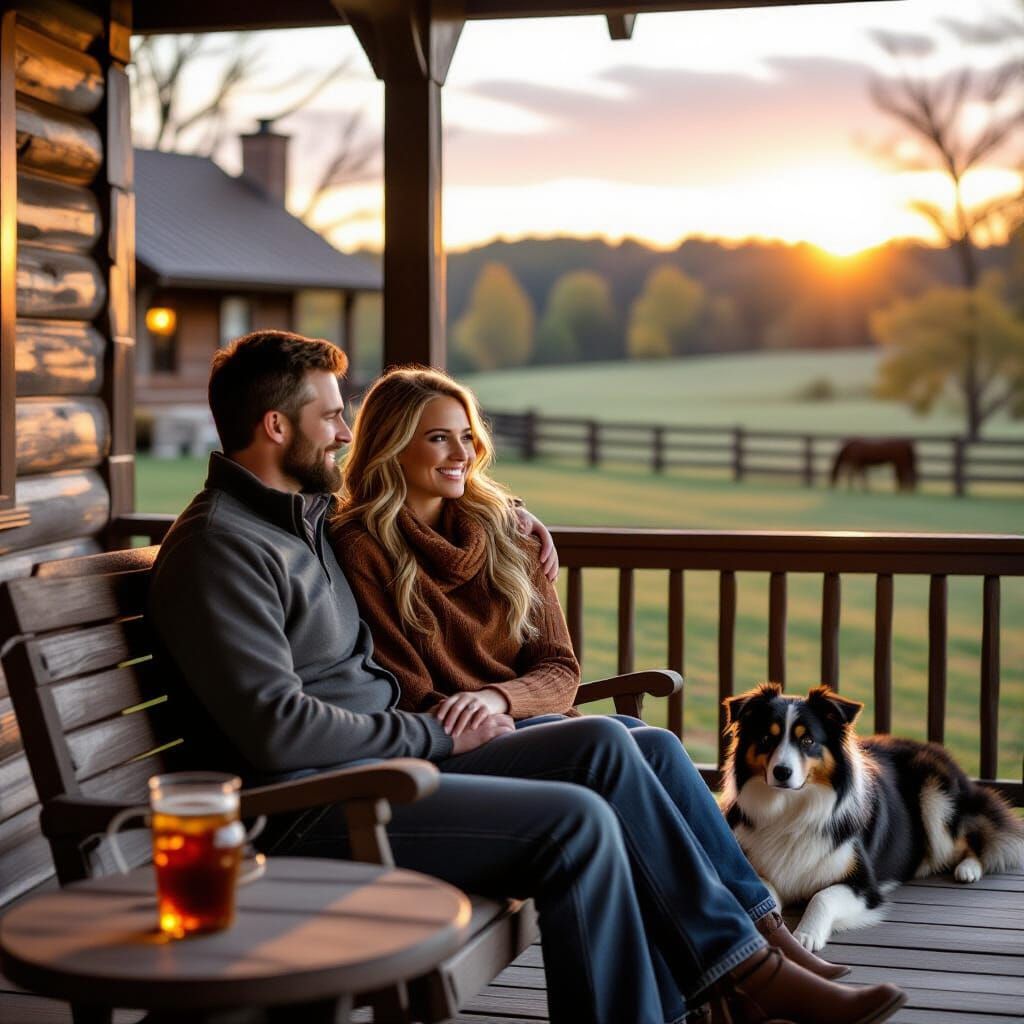 Peaceful setting,
sun going down in the distance,

Log cabin,

 husband and wife sitting on a front porch swing, with his arm around her,  
...