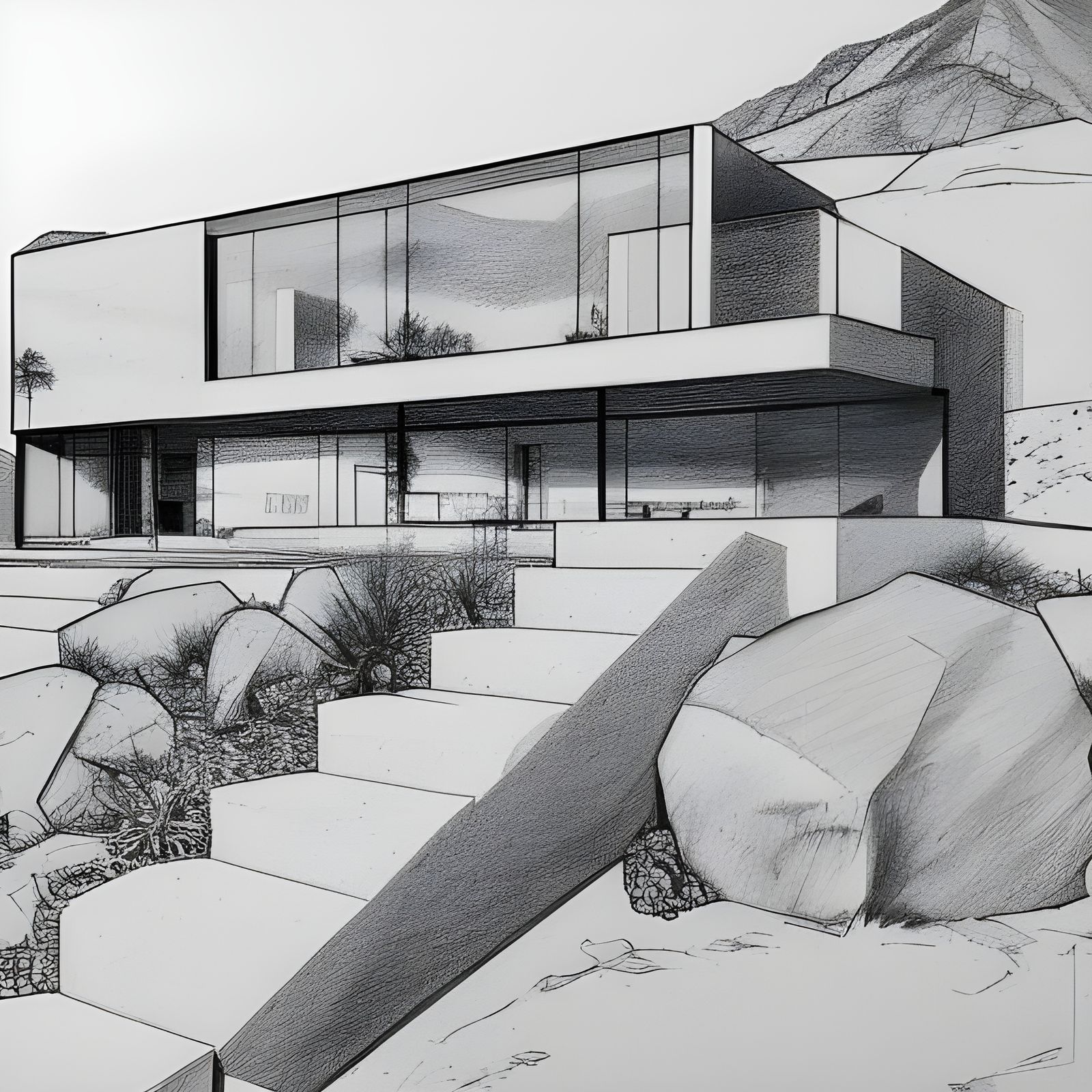 modern concrete house :: on a hillside with rocks and arid plants ...