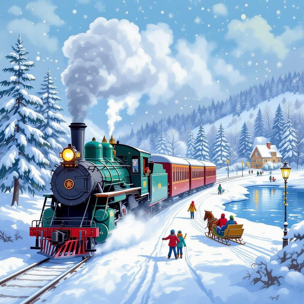 Winter Train Scene in Impressionist Style