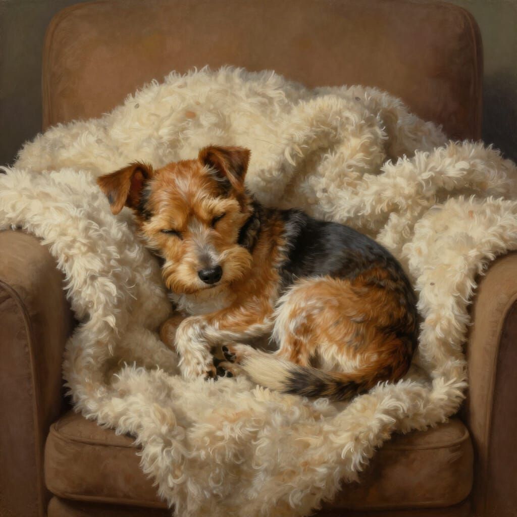 ein kleiner Terrier schläft eingekuschelt in eine Decke auf dem Sofa  by @gabi2