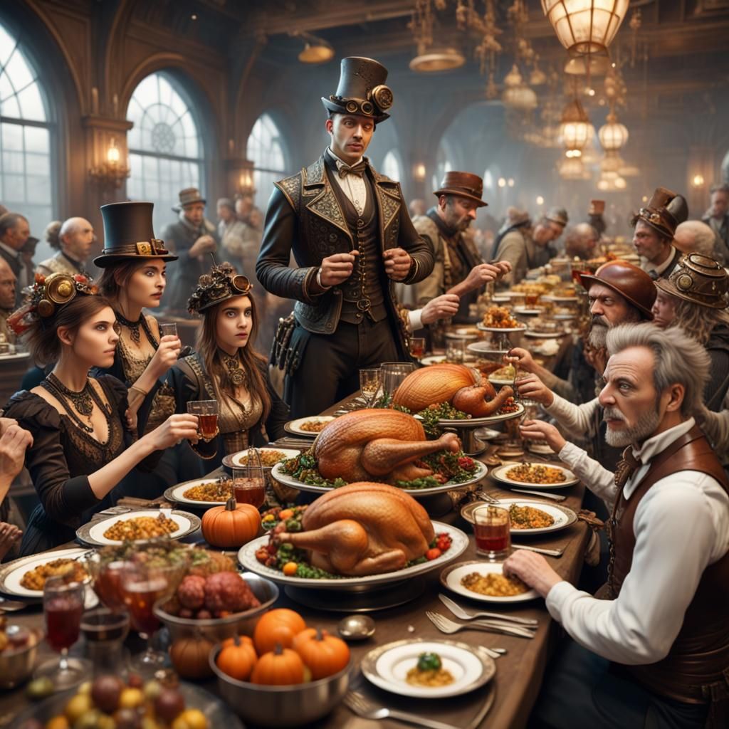 Steampunk people at a big Thanksgiving feast.  by @Snofuro