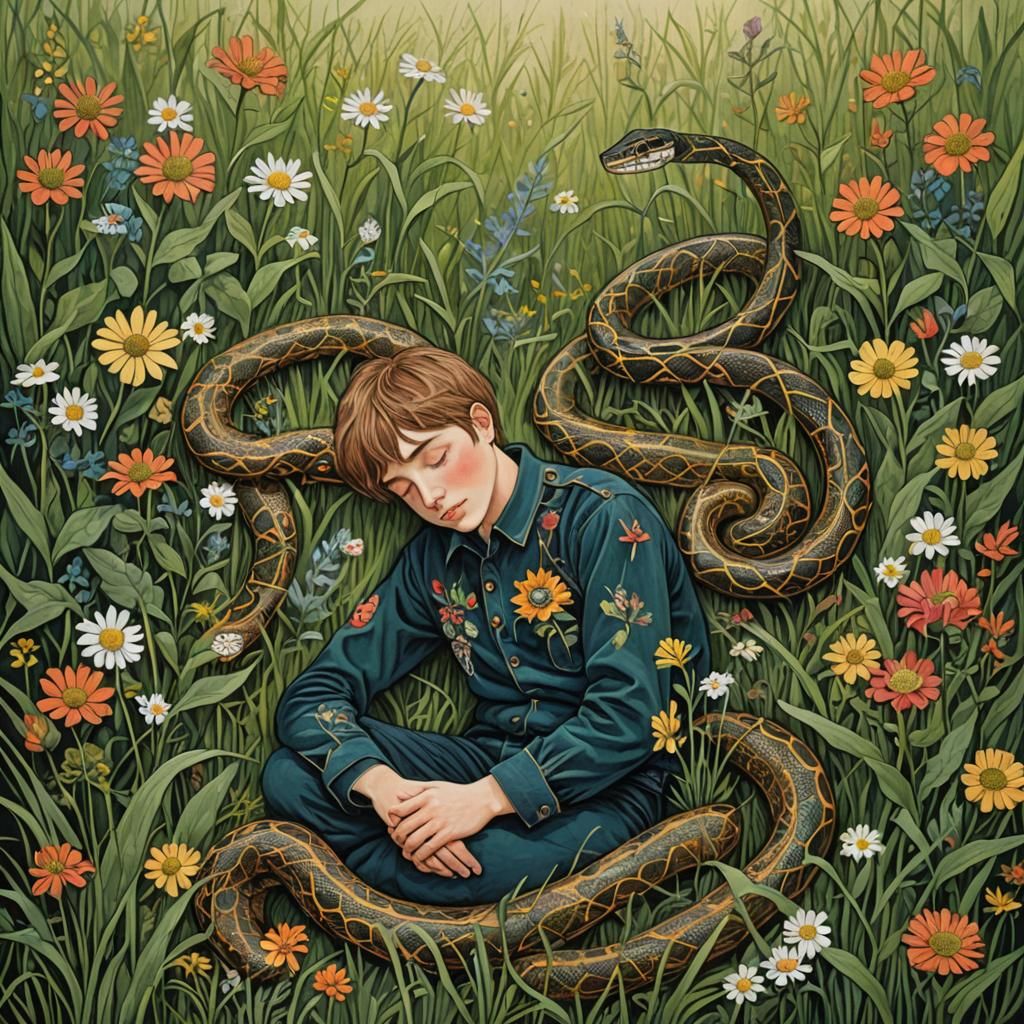A boy lying in the tall grass, hugging a snake, sleeping, fl...