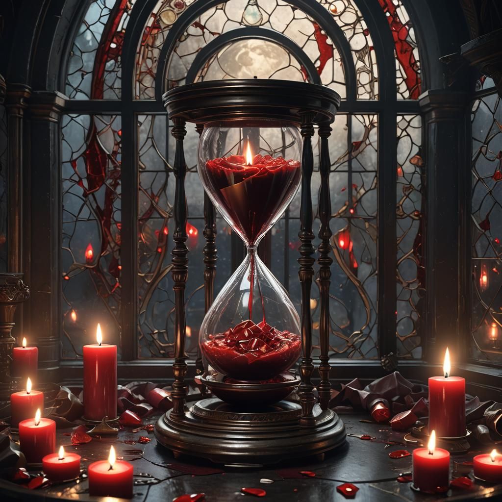 Ebony transparent hourglass with blood in a dark chamber red candles open window stainglass full moon ...  by @Izanami-no-kami