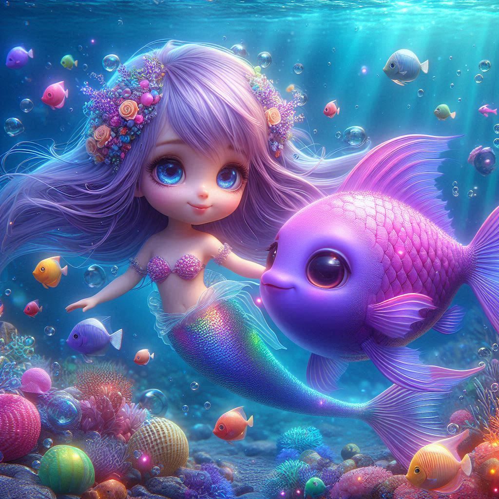 cute mermaid and a fish.