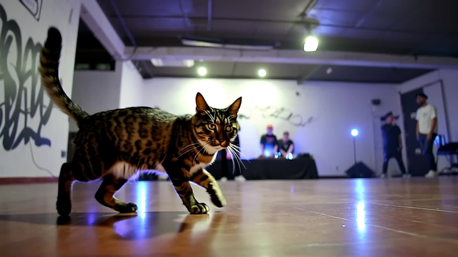 A scene from a movie about a cat who enters a breakdancing contest