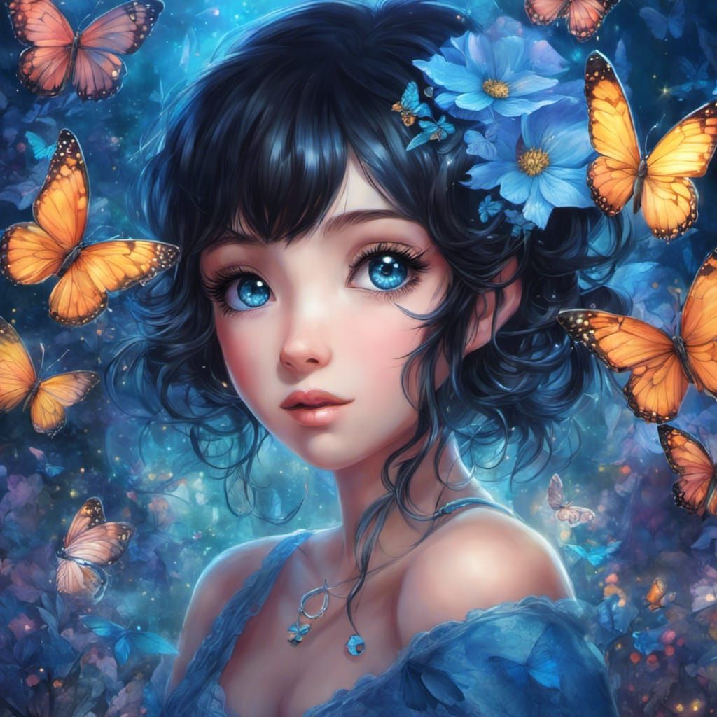 Cute girl in blue with butterflies around - AI Generated Artwork ...