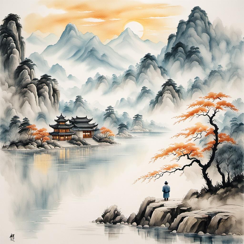 Serene Chinese Landscape with Wise Old Man