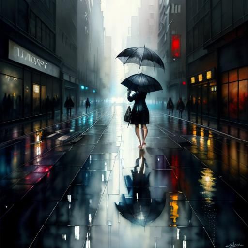 a woman walking barefoot through puddles in the rain with an...