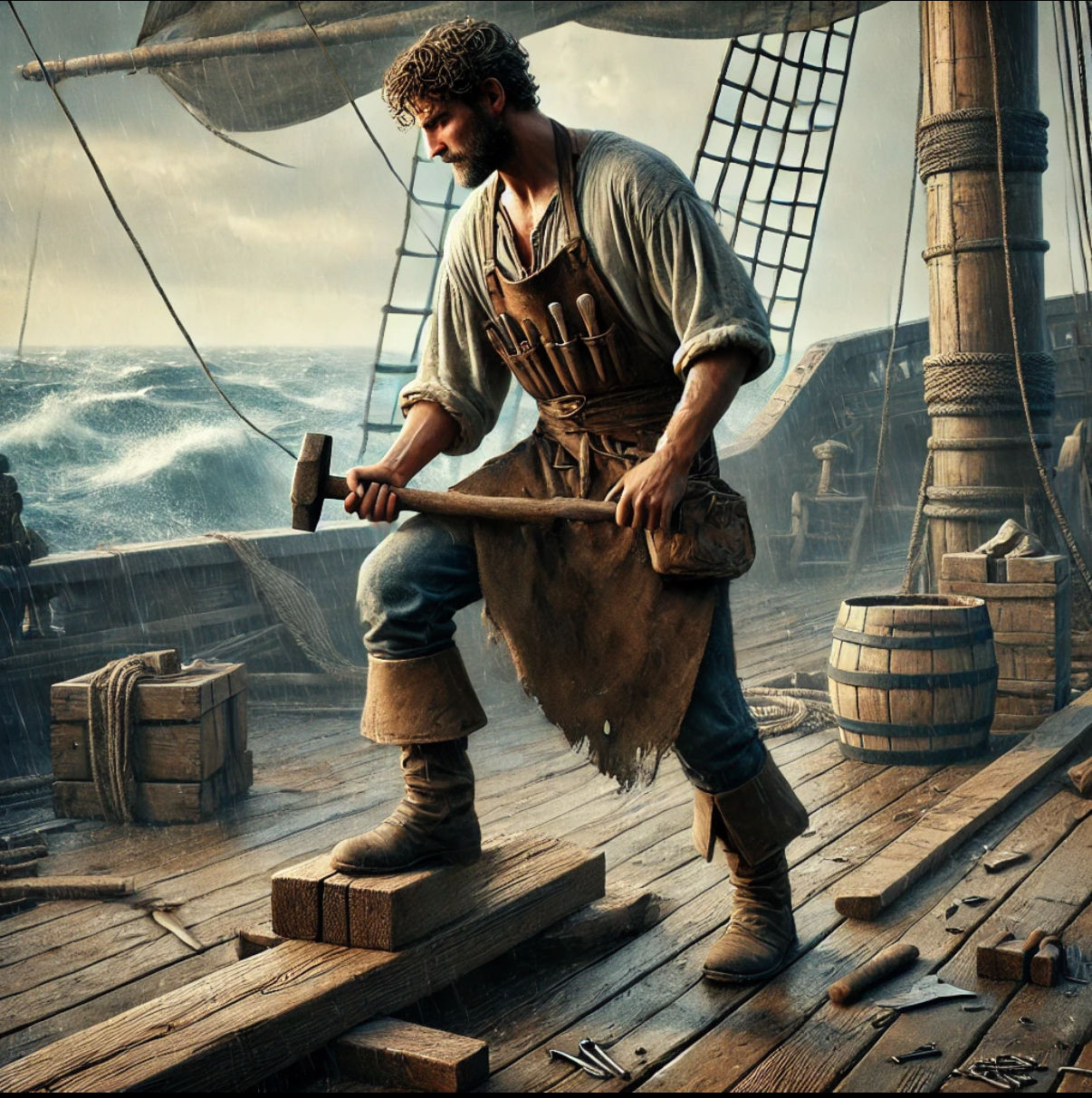 Shipwright on a pirate ship, working on repairs