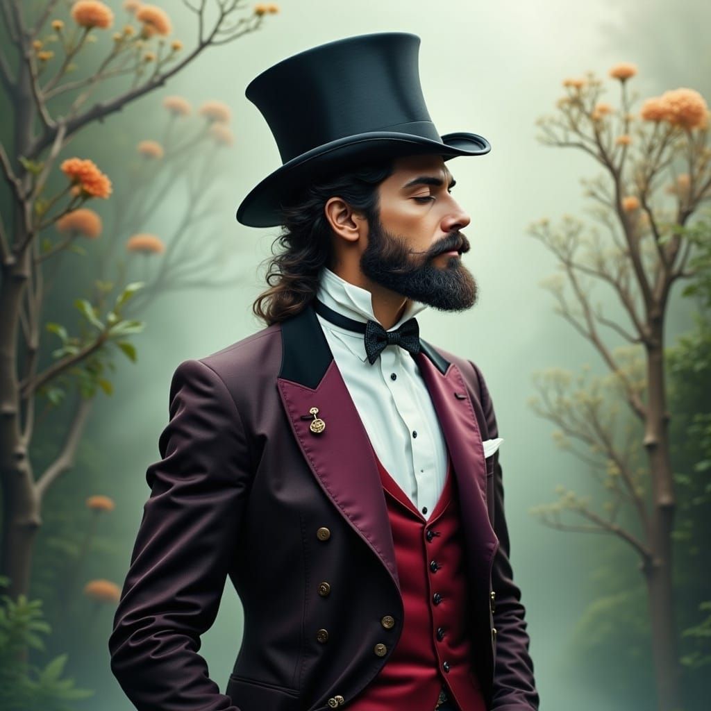 <lora:sMOkey Flux:1.0> A misty hazy nebulous style, a smoky quality infused throughout the image, a man in a whacky suit and top hat, compli...