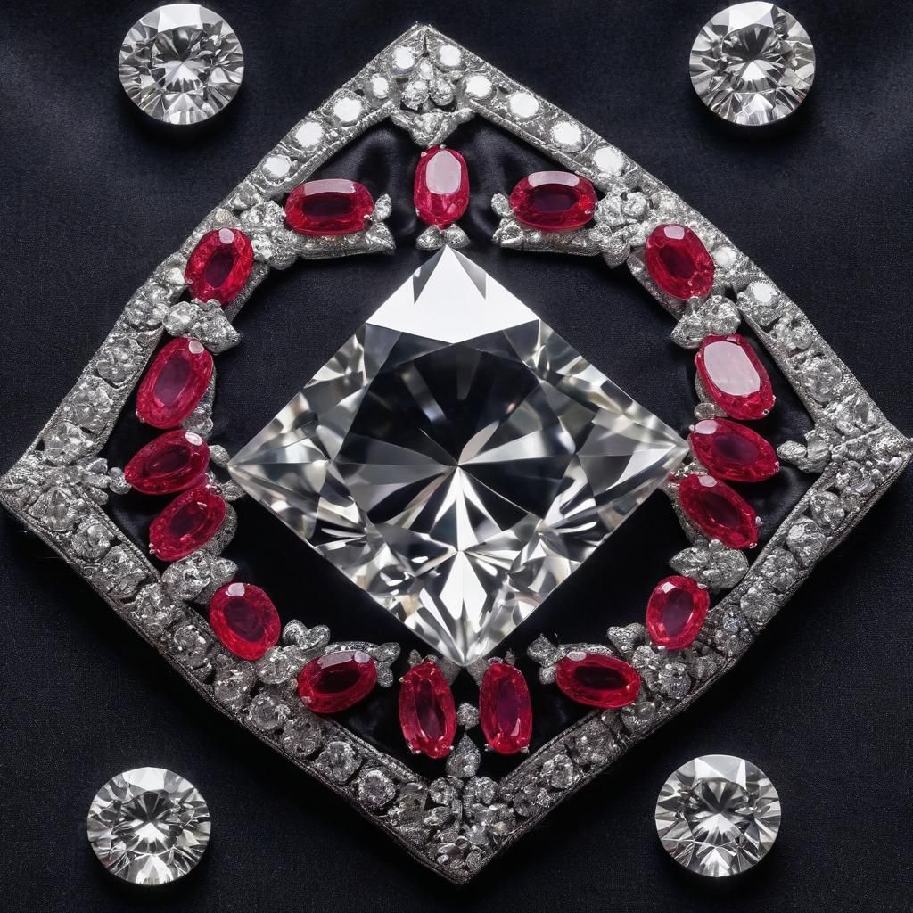 White crystal  diamond shaped surrounded by small rubies aro...