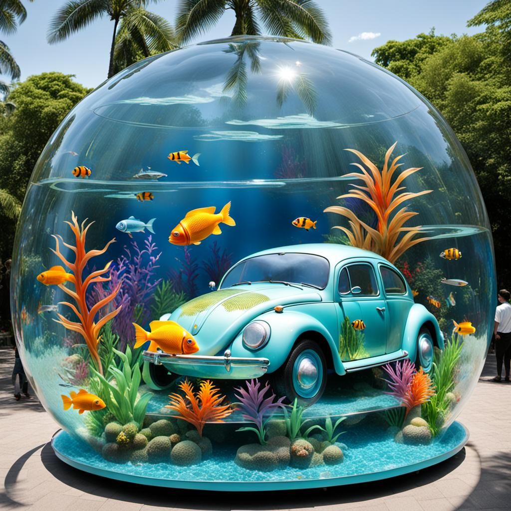 a vw beetle made entirely of glass, filled with water and co...