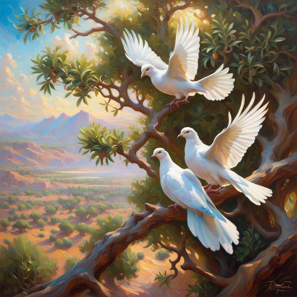 Magical heavenly beautiful flying peace doves perched on lush olive ...