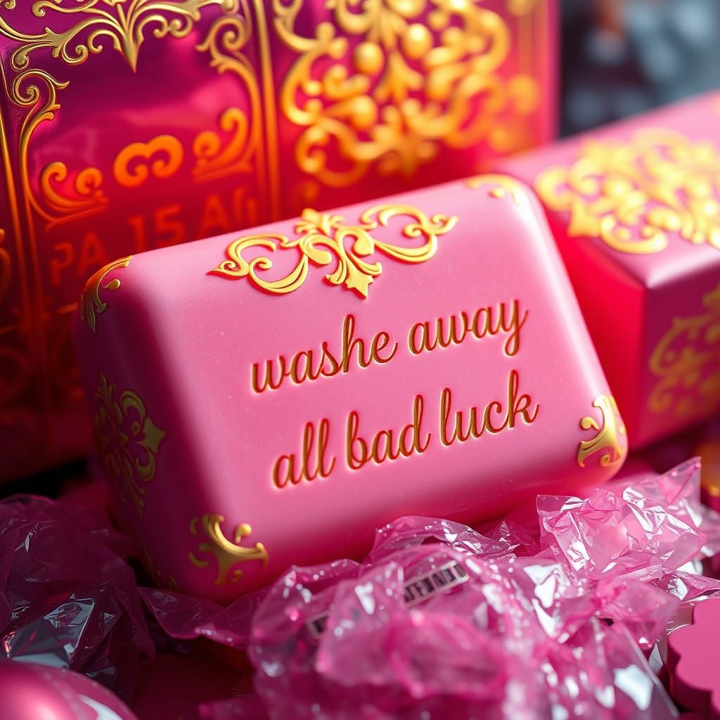 pink soap luxuriously packaged with the inscription "washes away all bad luck"  by @Mila K