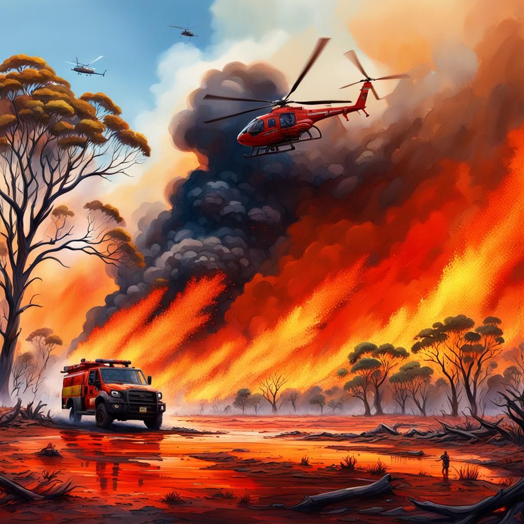 Vibrant watercolour of Australian Bush fire with animals run...