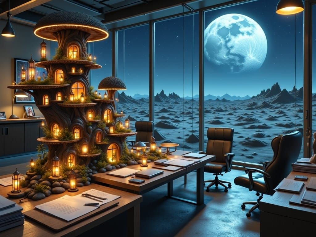 Tiny fairy village set on a office desk.

scene is set on a desktop in the interior empty office.

the surface of the moon can be seen throu...