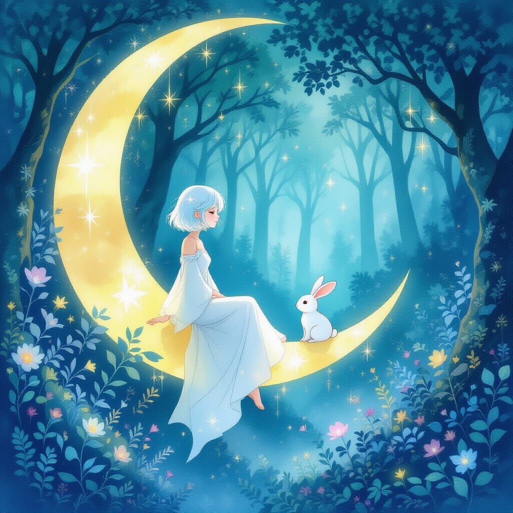 Sitting on the crescent moon with rabbit 👩🏻🌙🐇