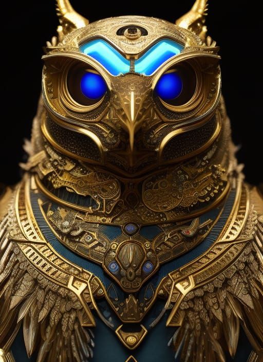 {{{Owl Robot}}}:"a golden owl robot with green eyes" beautiful complex hyperdetailed intricate meticulous ...  by @The Crazy One